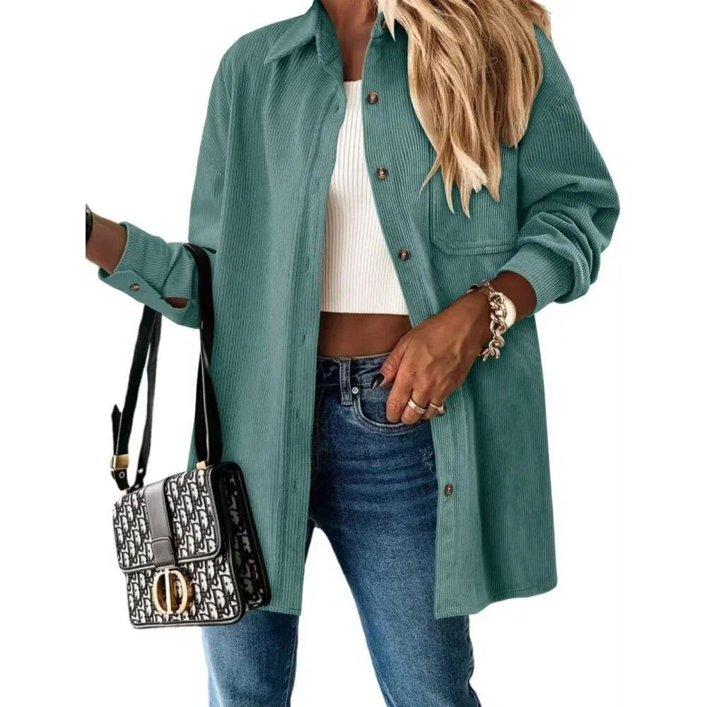 Women Green Collared V Neck Button Down Oversized Long Sleeve Shirt Top - Picture 4 of 6